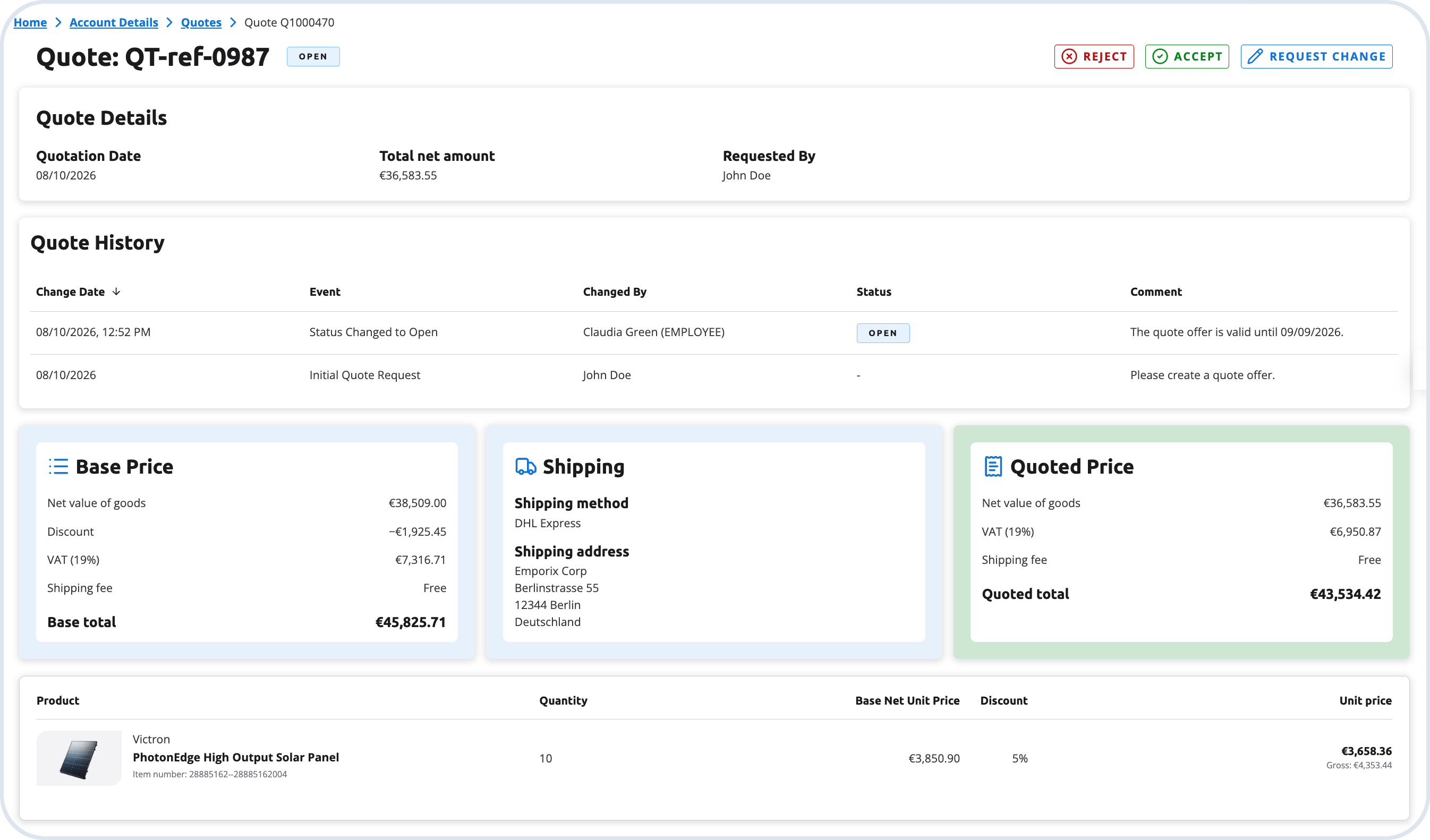 Quote details page in customer account
