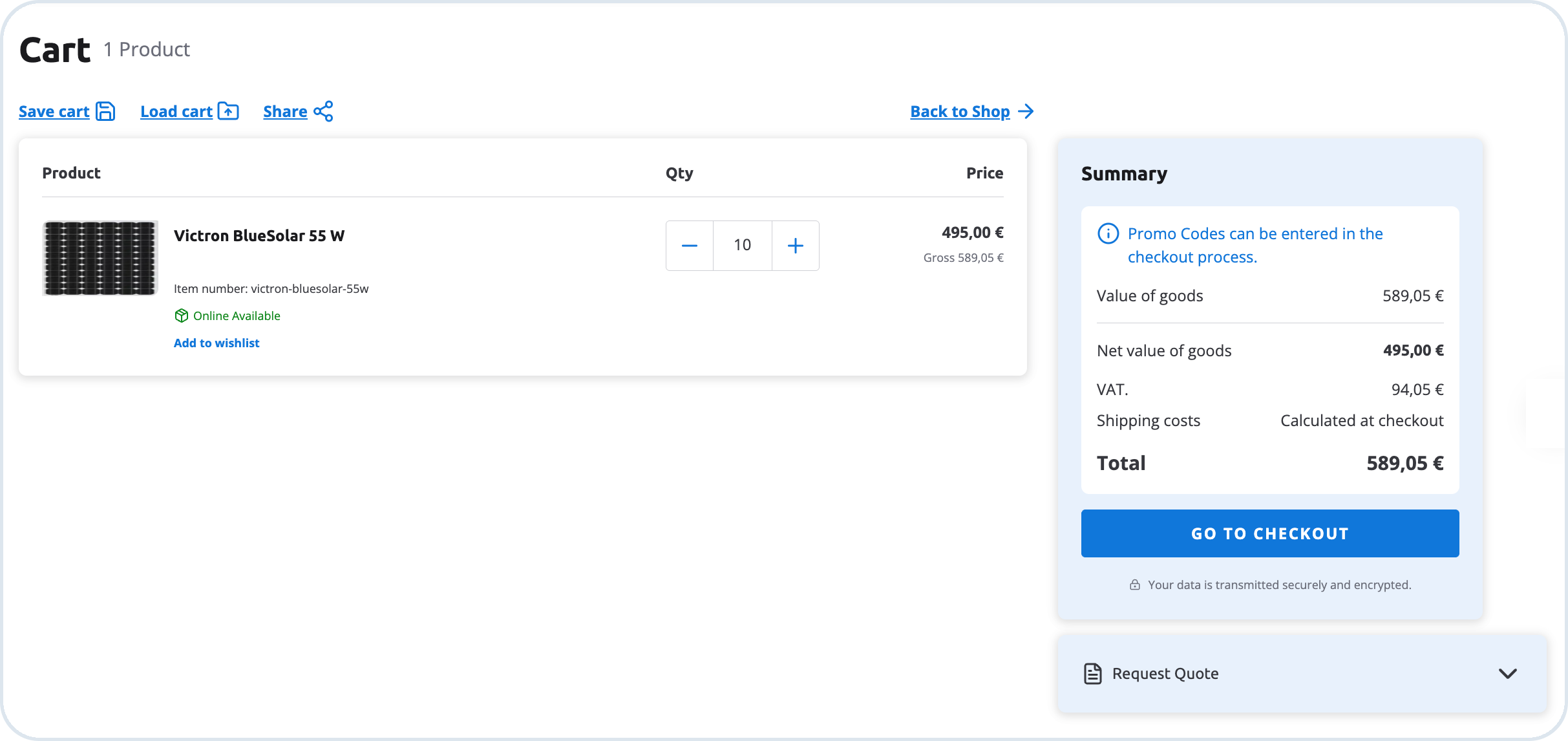 Shopping cart with quote request option
