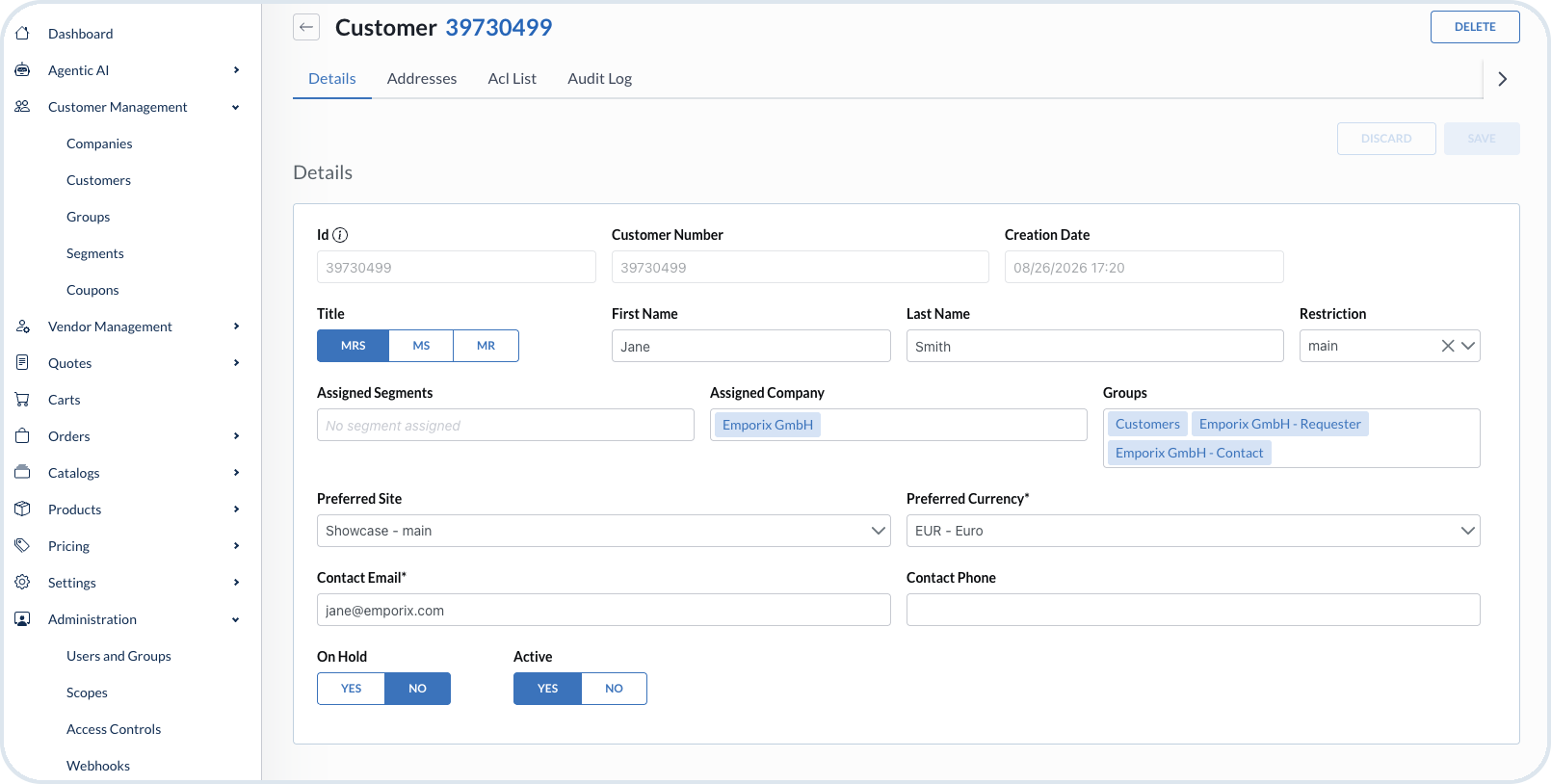 Customer details in Management Dashboard with company and groups