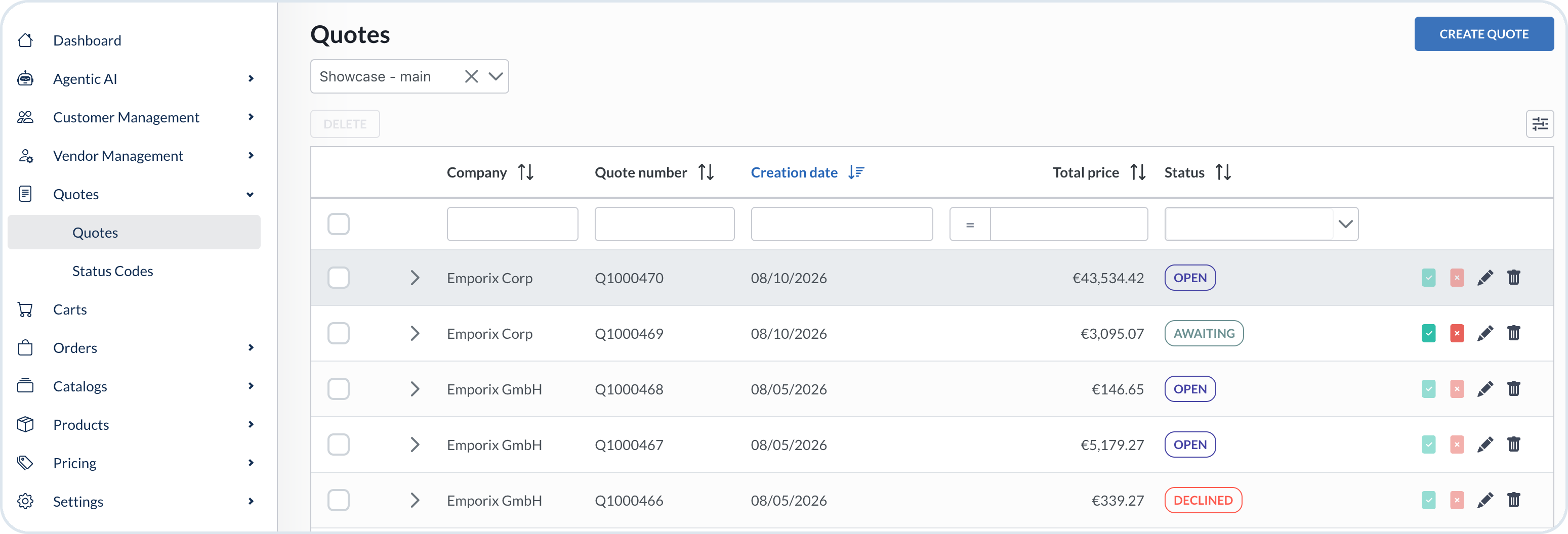 Quote view in Management Dashboard with open status