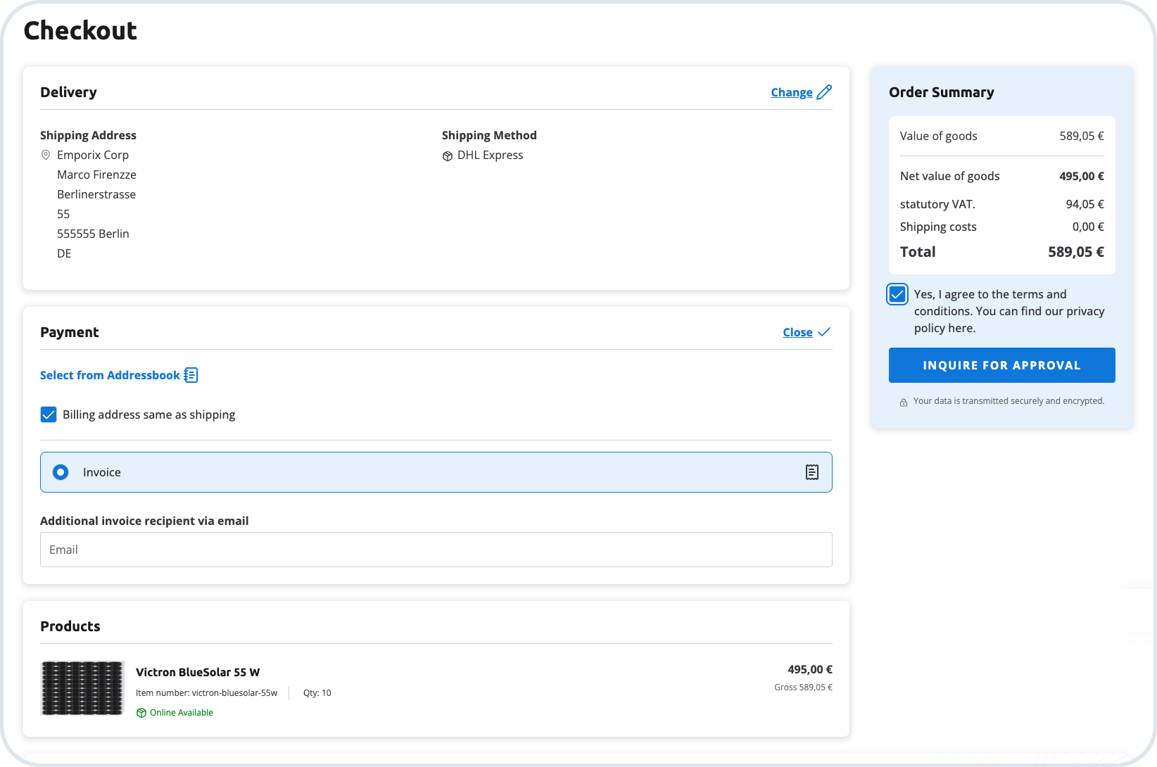Checkout page with the Inquire for Approval action