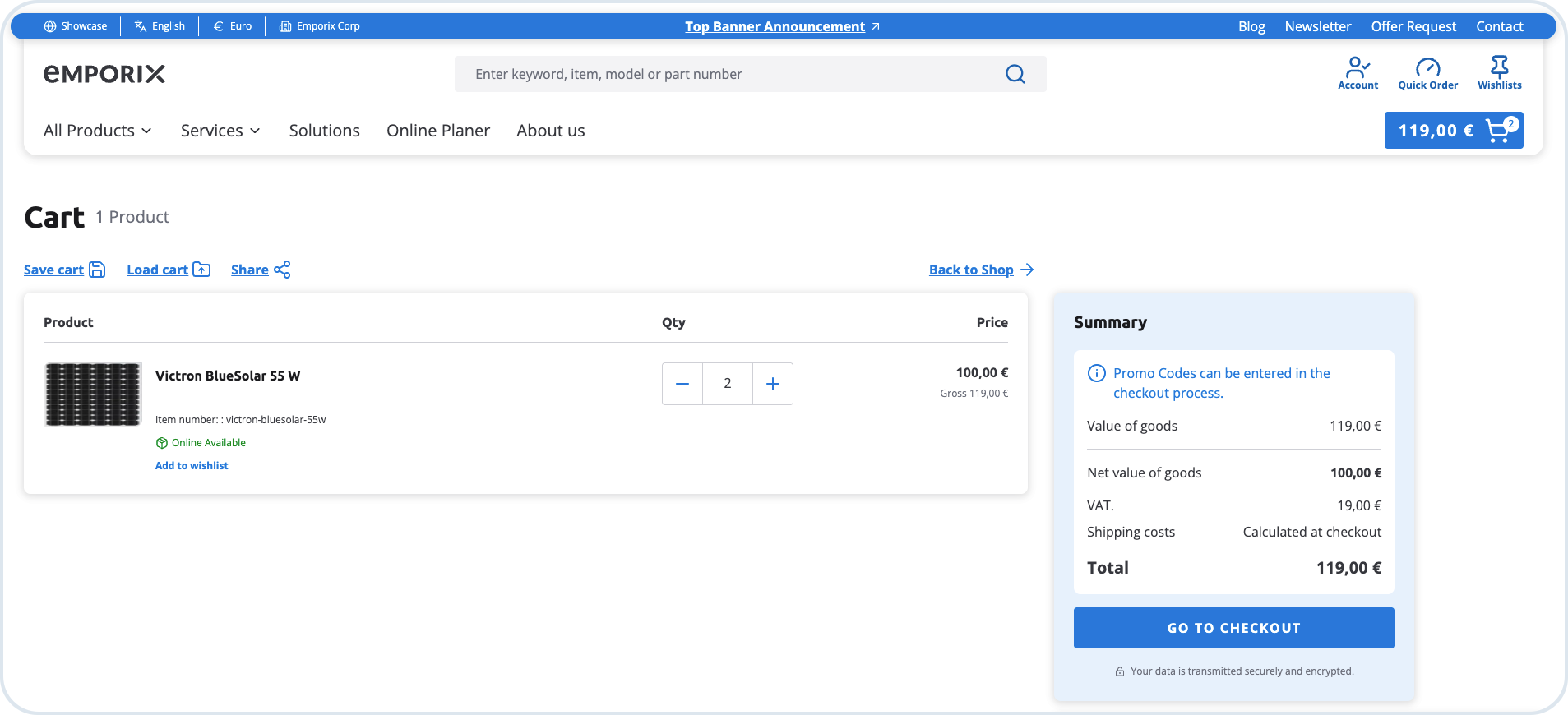 Shopping cart view with selected products before checkout