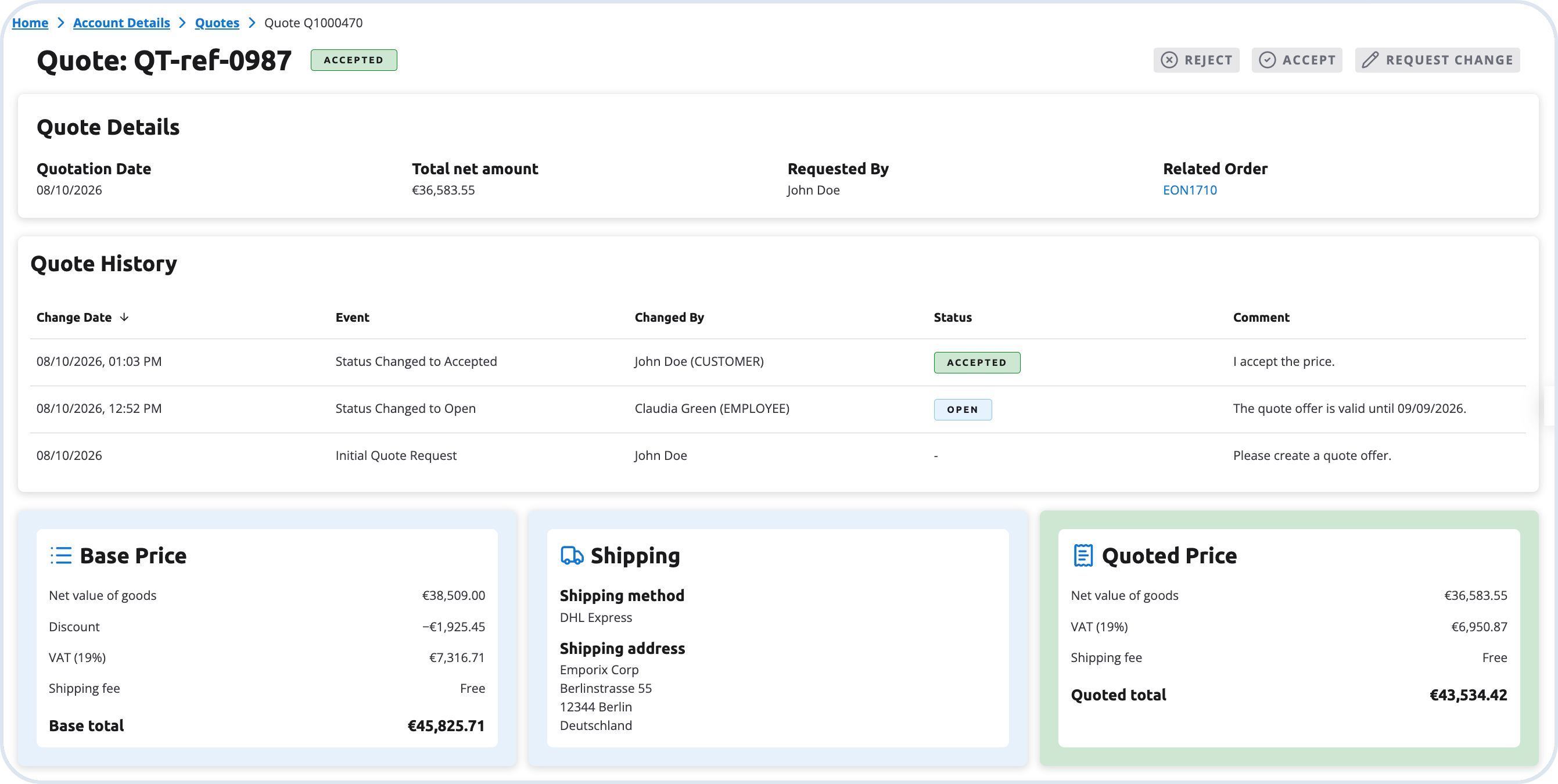 Accepted quote view in customer account
