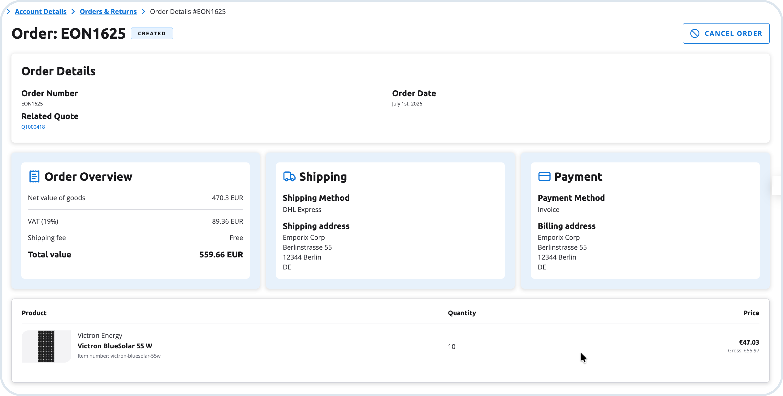 Order details page with items and order information
