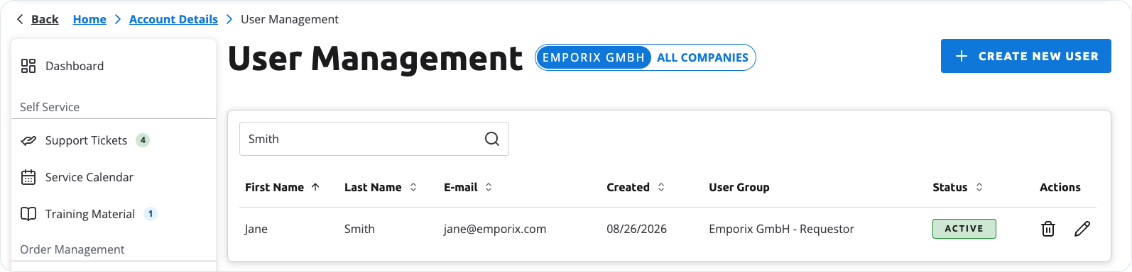 User Management list in the storefront