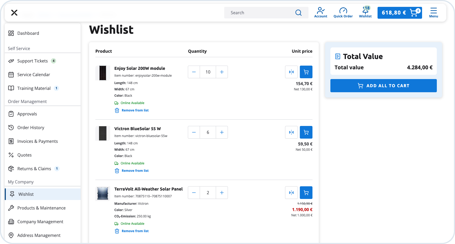 Wishlist section in the customer account listing saved products