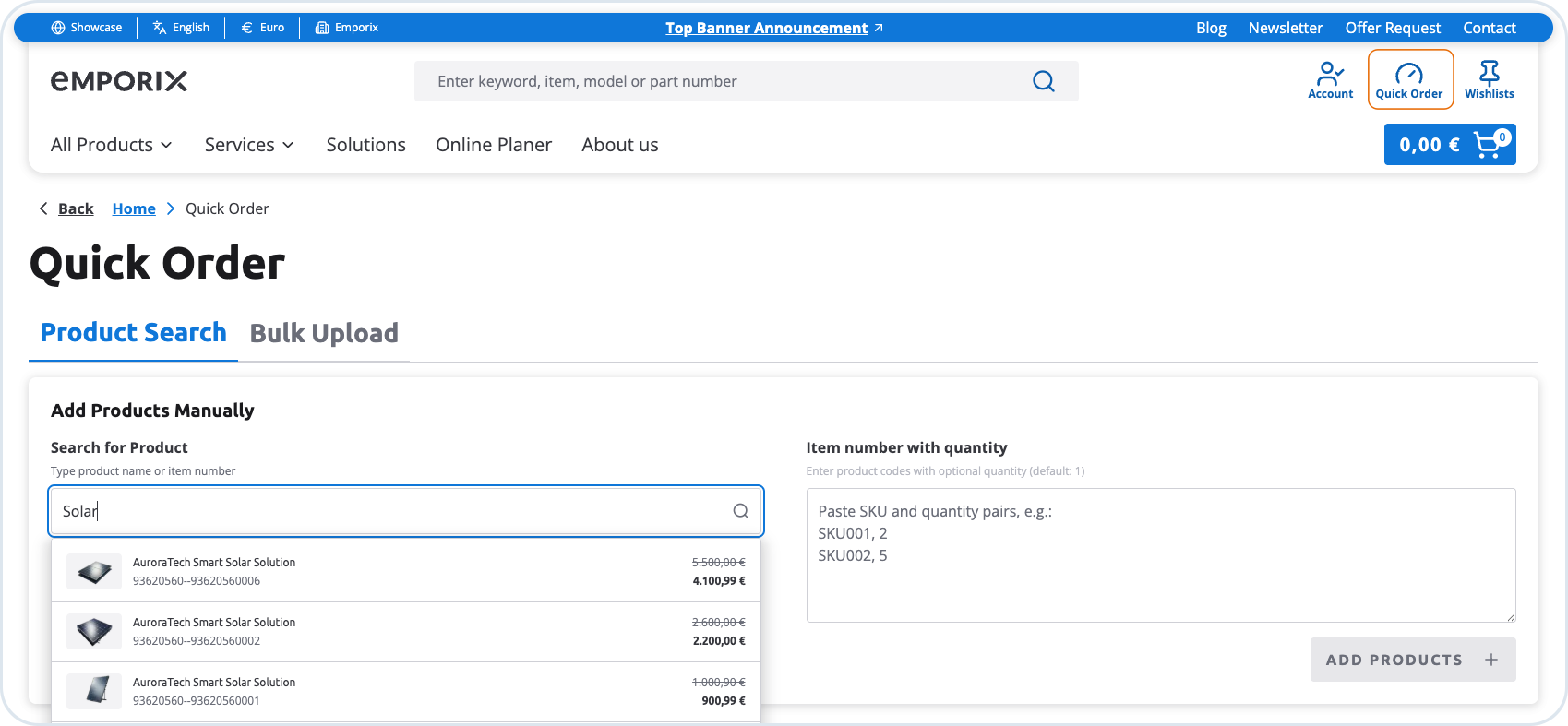 Quick Order page with Product Search tab, product search, and item number with quantity input