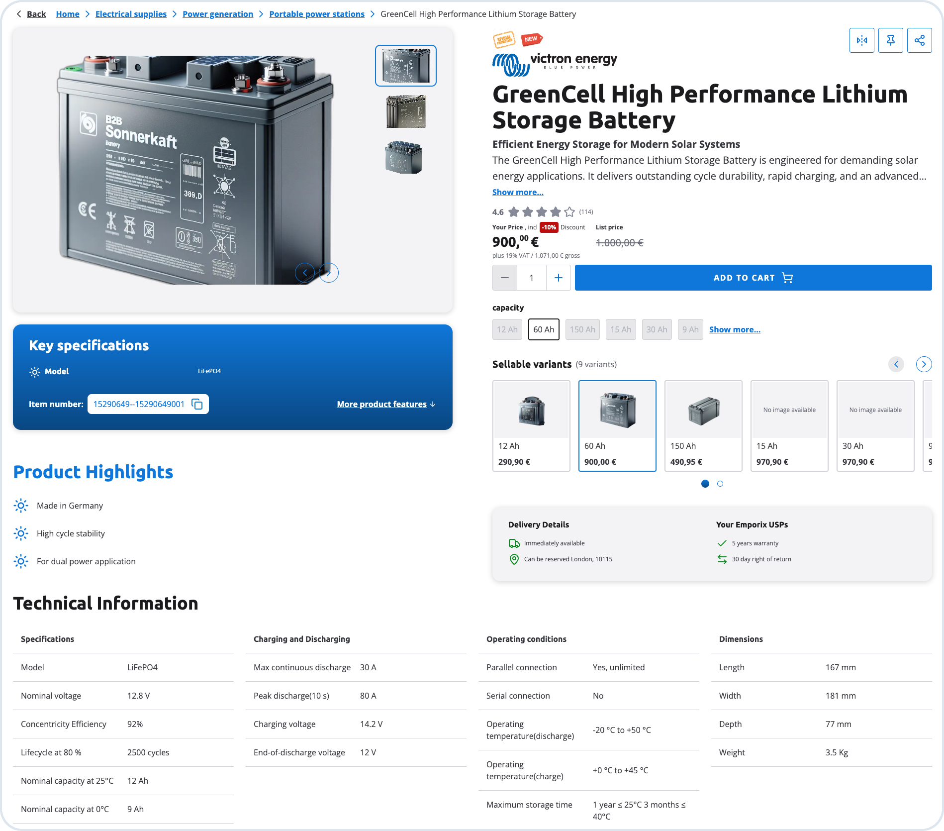Product details page with images, pricing, and specifications