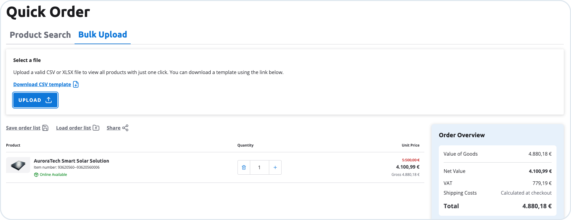 Quick Order Bulk Upload tab with file upload, product list, and order overview