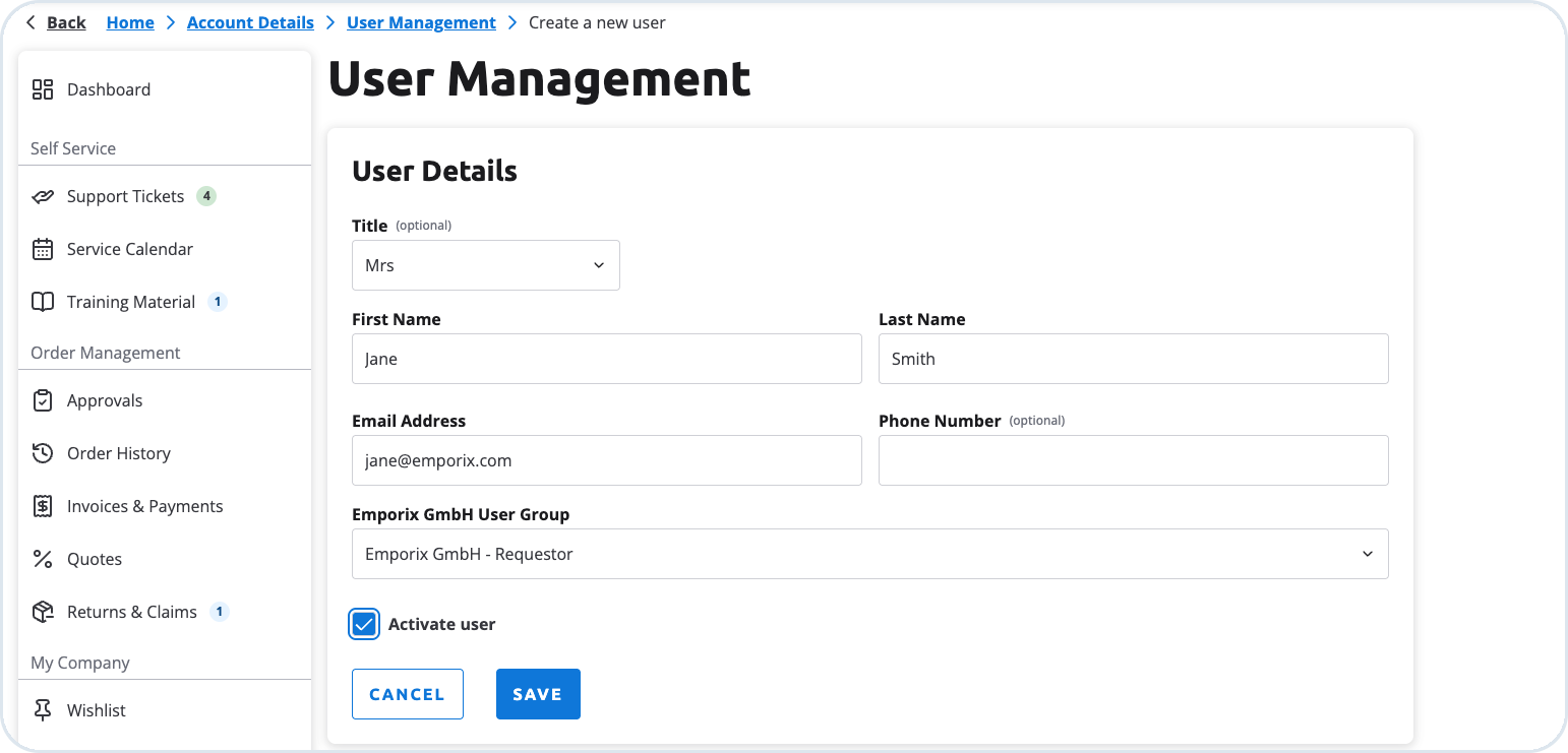 Create a new user form with user group assignment