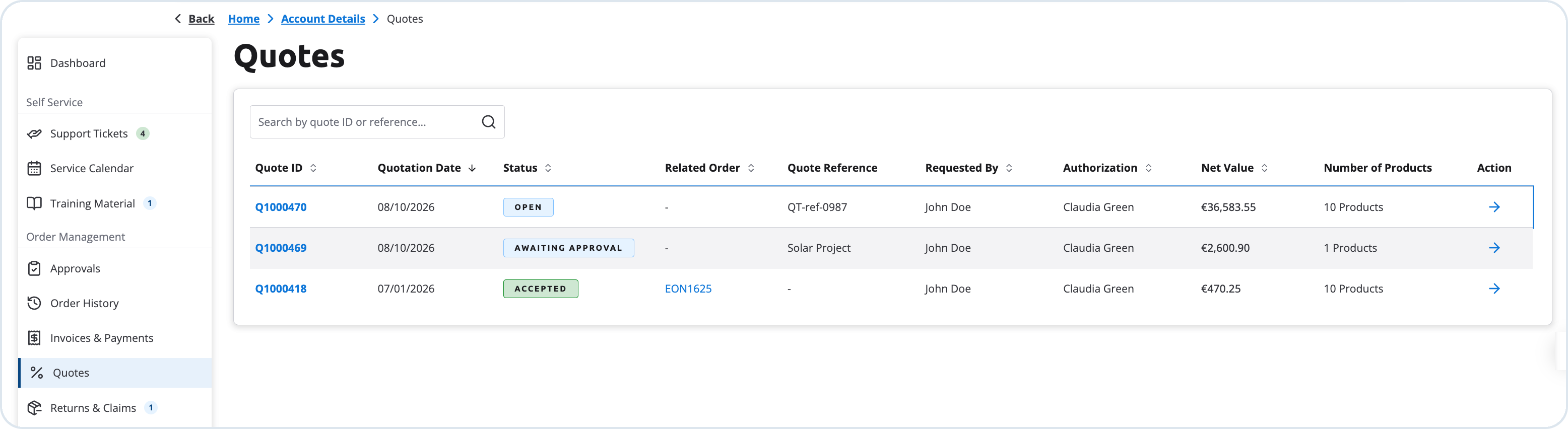 Quotes section in the customer account listing quote requests with status and details