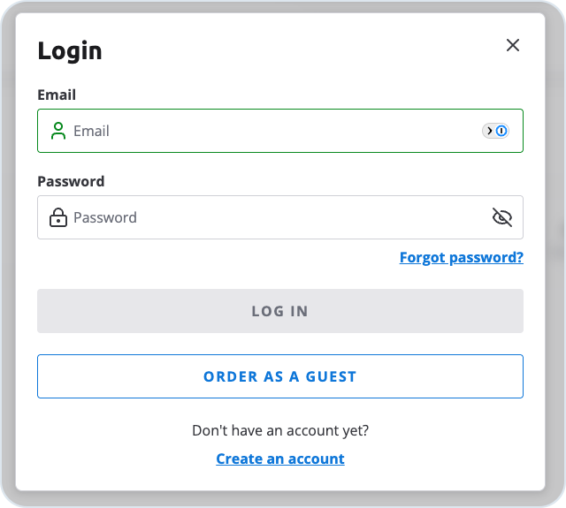 Login modal with email and password fields and Order as a guest option