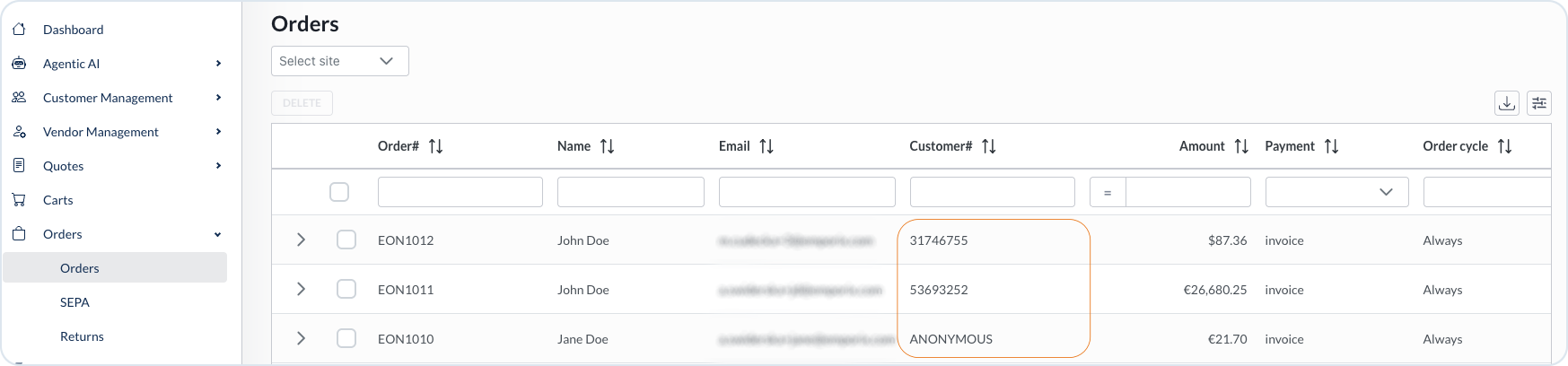 Orders list in the Management Dashboard with Customer # marked as Anonymous for a guest order