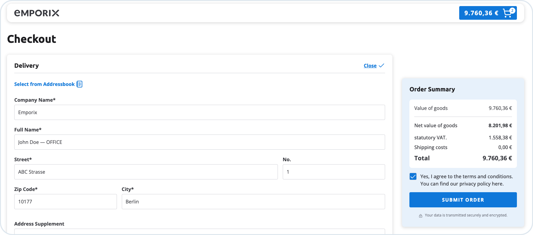 Checkout delivery step with shipping address form and order summary